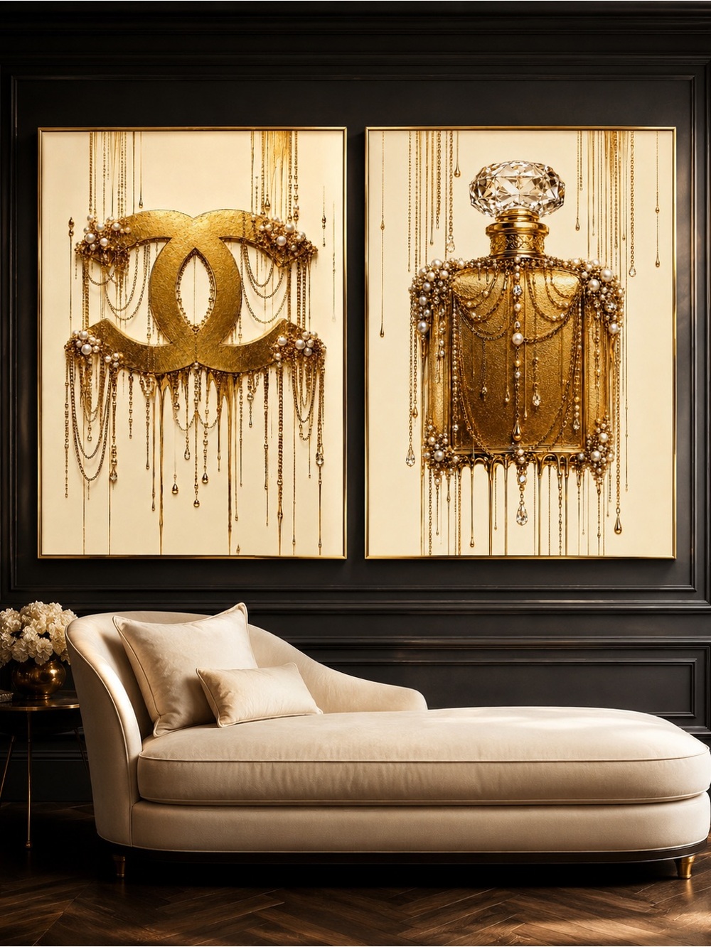 Liquid Gold™ Luxury Fashion Art Print Set of 2 | Glam Gold CC Perfume Decor
